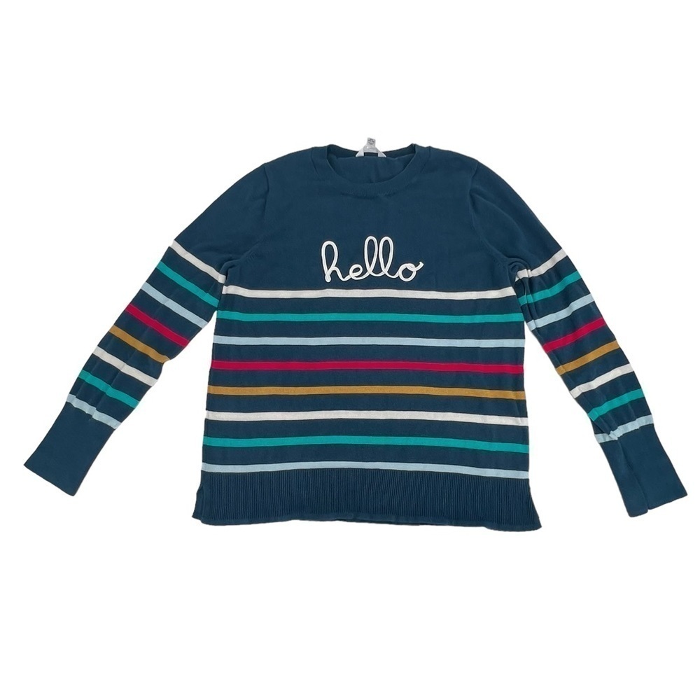 Time And Tru Blue Striped “Hello” Long Sleeve Sweater Size XL (16-18) Women’s